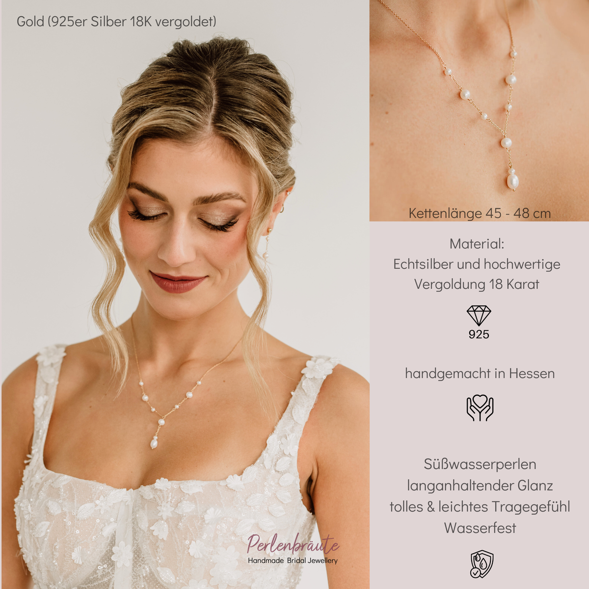 Wunderschöne Braut Perlenkette Joy aus 925 Sterlingsilber 18K vergoldet mit Süßwasserperlen, von einer Braut getragen