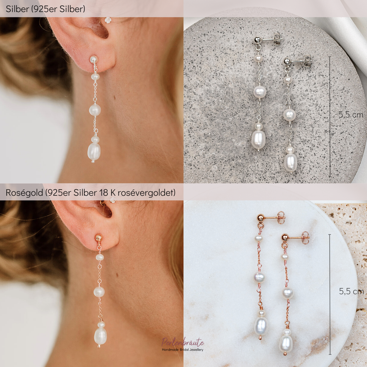 Produktvergleich Silber versus rosévergoldet: Brautohrringe mit unterschiedlich großen Süßwasserperlen untereinander hängend, liegend auf runder Platte und getragen am Ohr vom Model.