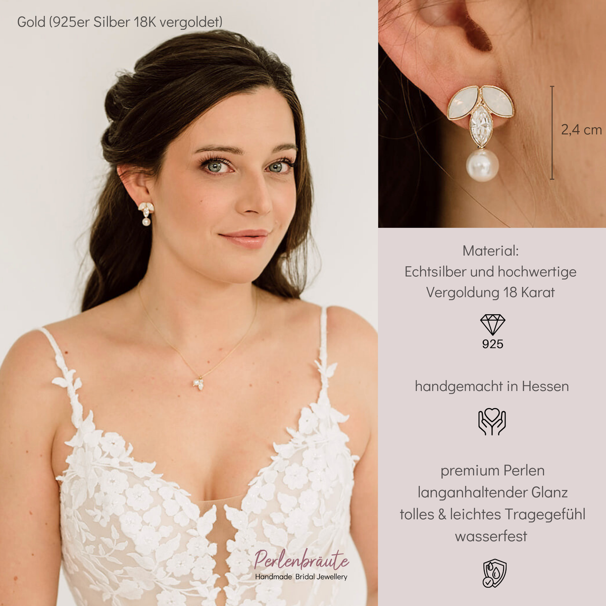 Brautohrringe Katy aus 925 Sterlingsilber 18K vergoldet mit white opal und crystal Kristallen in Blattform und veganer Perle, am Model getragen