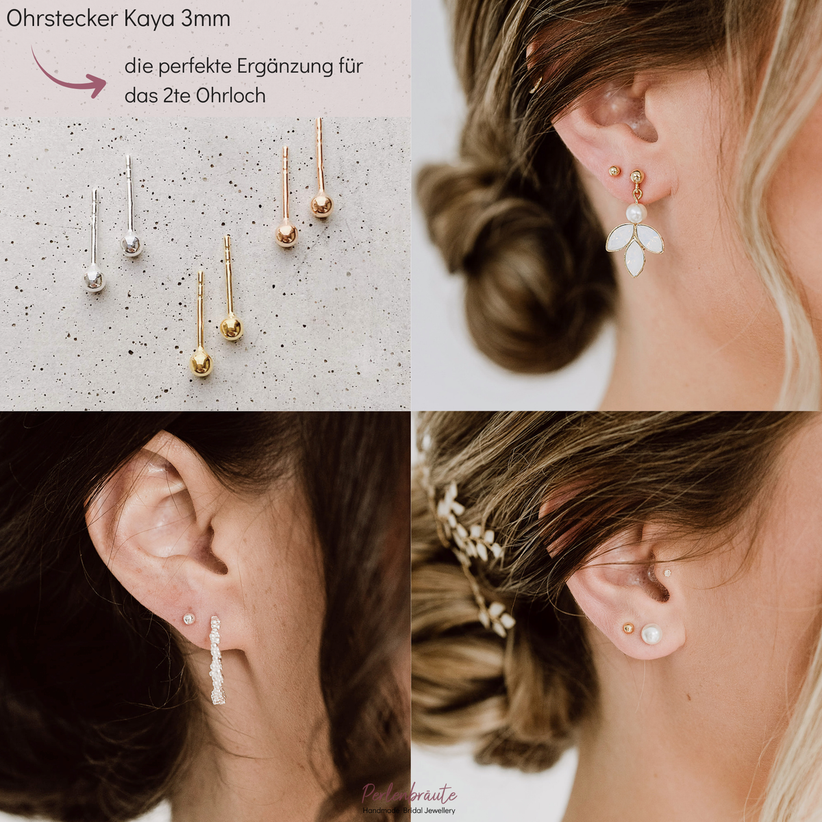Braut Ohrstecker Kaya 3mm im Vergleich – Gold, Silber und Roségold, Kugel fürs zweite Ohrloch