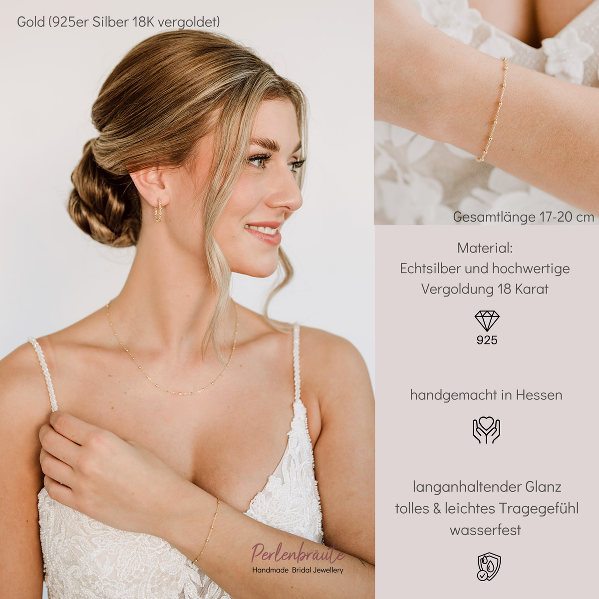 Dezentes Brautarmband Kaya aus 925 Sterlingsilber 18K vergoldet mit kleinen Kugeln, am Model getragen