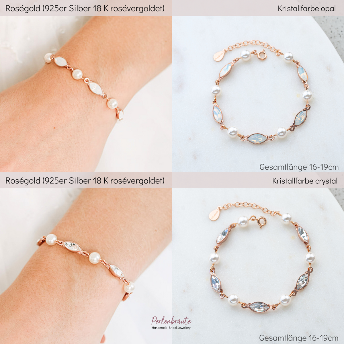 Im Vergleich white opal und crystal Kristalle - Brautarmband Kylie aus 925 Sterlingsilber 18K rosévergoldet