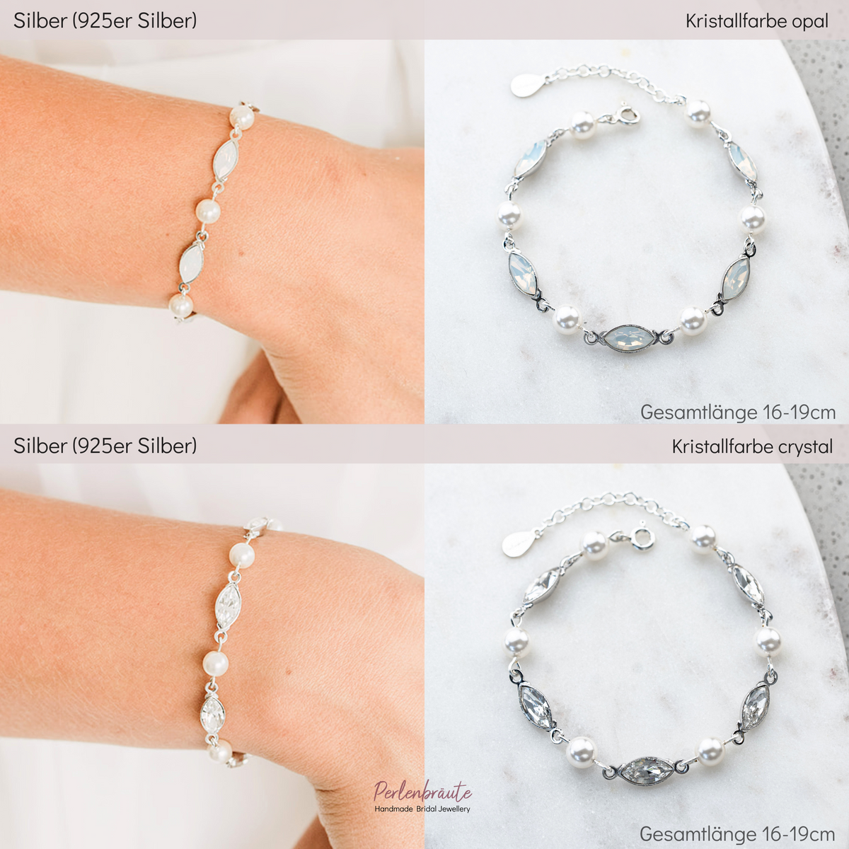 Im Vergleich white opal und crystal Kristalle - Brautarmband Kylie aus 925 Sterlingsilber