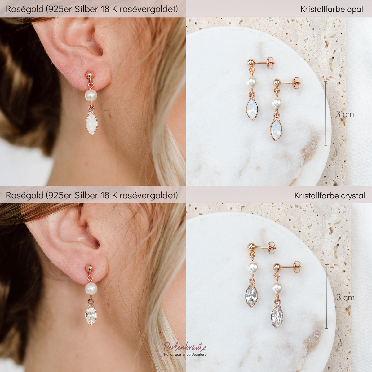 Brautohrringe Kylie im Vergleich – 925 Sterlingsilber 18K rosévergoldet mit white opal und crystal Kristall