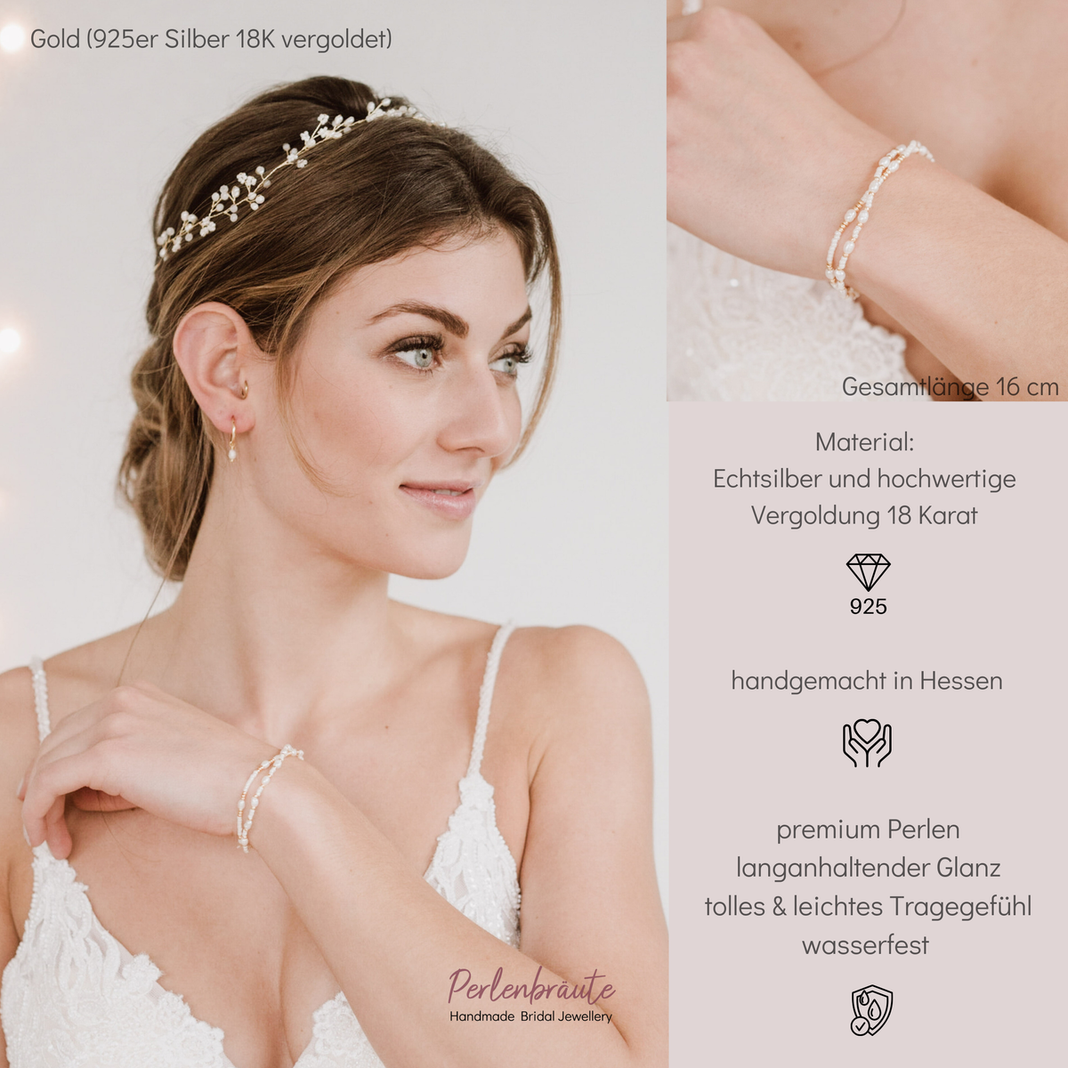2er Set Brautarmband Linnea aus 925 Sterlingsilber 18K vergoldet mit kleinen echten und veganen Perlen, getragen am Model