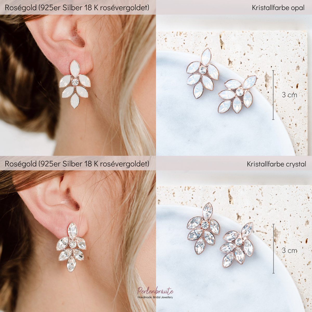 Brautohrringe Lisbeth im Vergleich – 925 Sterlingsilber 18K rosévergoldet mit white opal und crystal Kristallen
