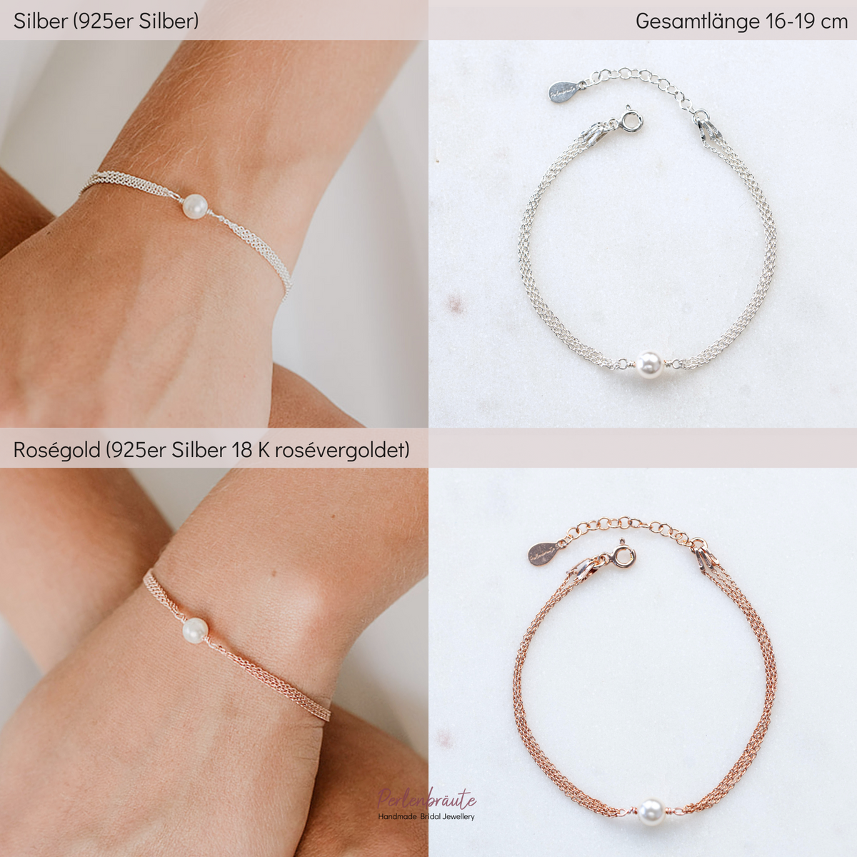 Brautarmband Lola im Vergleich – 925 Sterlingsilber 18K vergoldet und 925 Sterlingsilber 18K rosévergoldet, eine vegane Perle 6mm an zarten Gliederkettchen