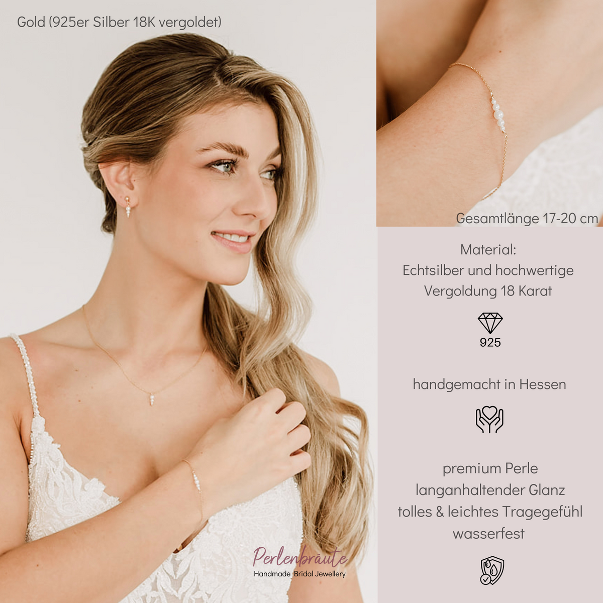 Brautarmband Mariella aus 925 Sterlingsilber 18K vergoldet mit kleinen veganen Perlen, am Model getragen in Nahaufnahme