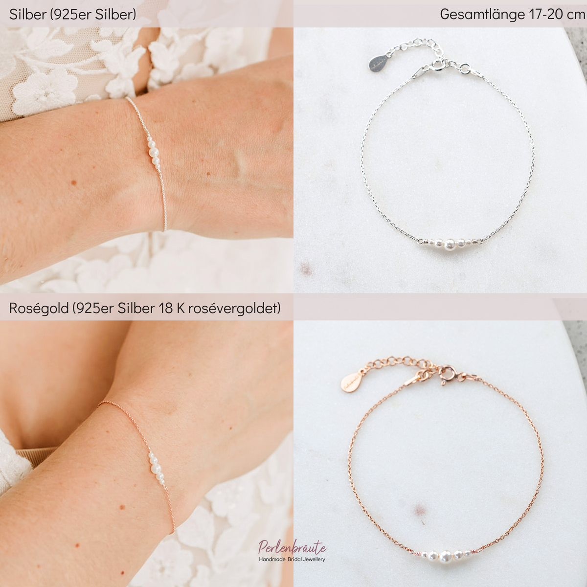 Im Vergleich - Brautarmband Mariella in Silber und Rosévergoldet mit kleinen veganen Perlen, am Model getragen in Nahaufnahme
