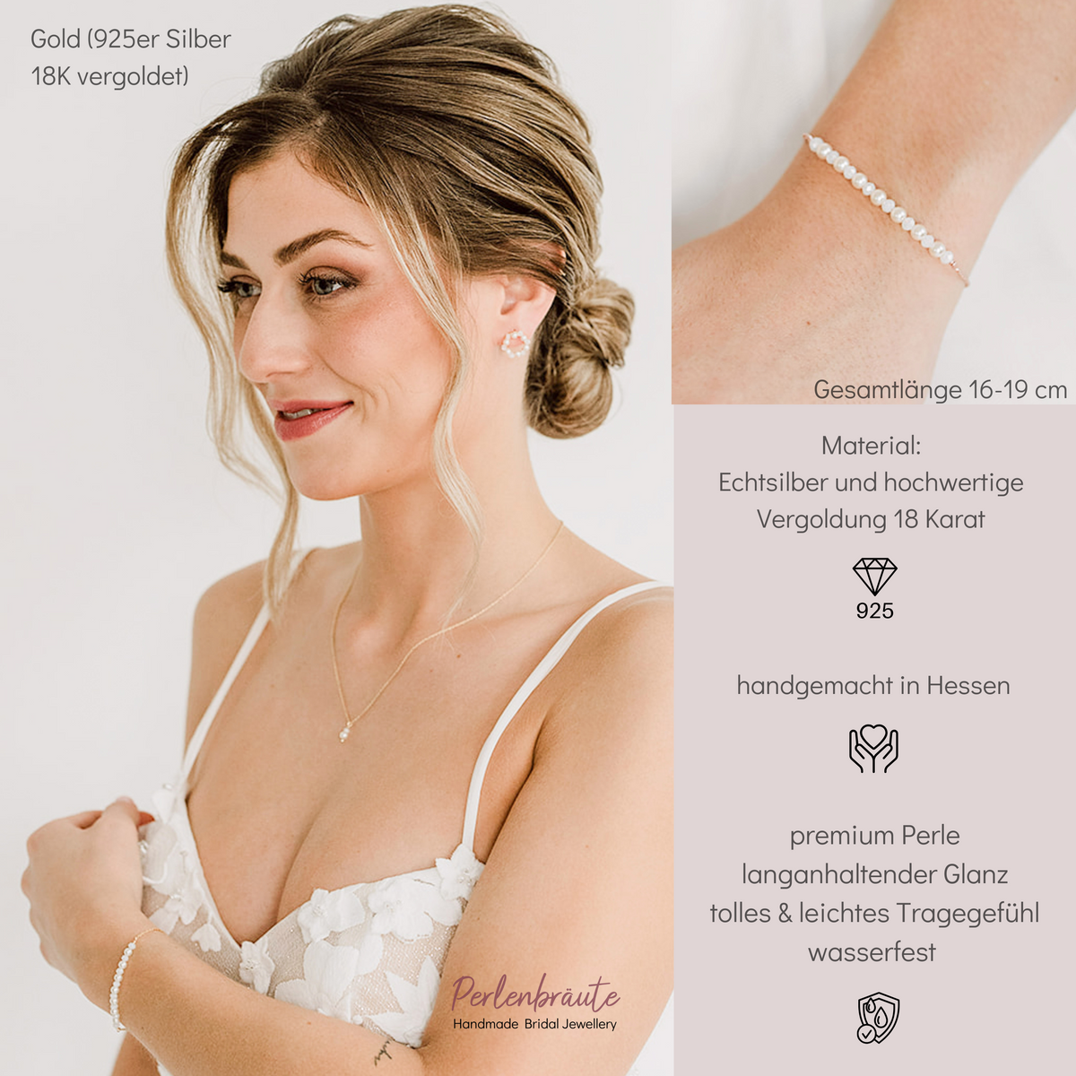 Brautarmband Mila aus 925 Sterlingsilber 18K vergoldet mit veganen Perlen und white opal Kristallperlen im Wechsel, am Model getragen