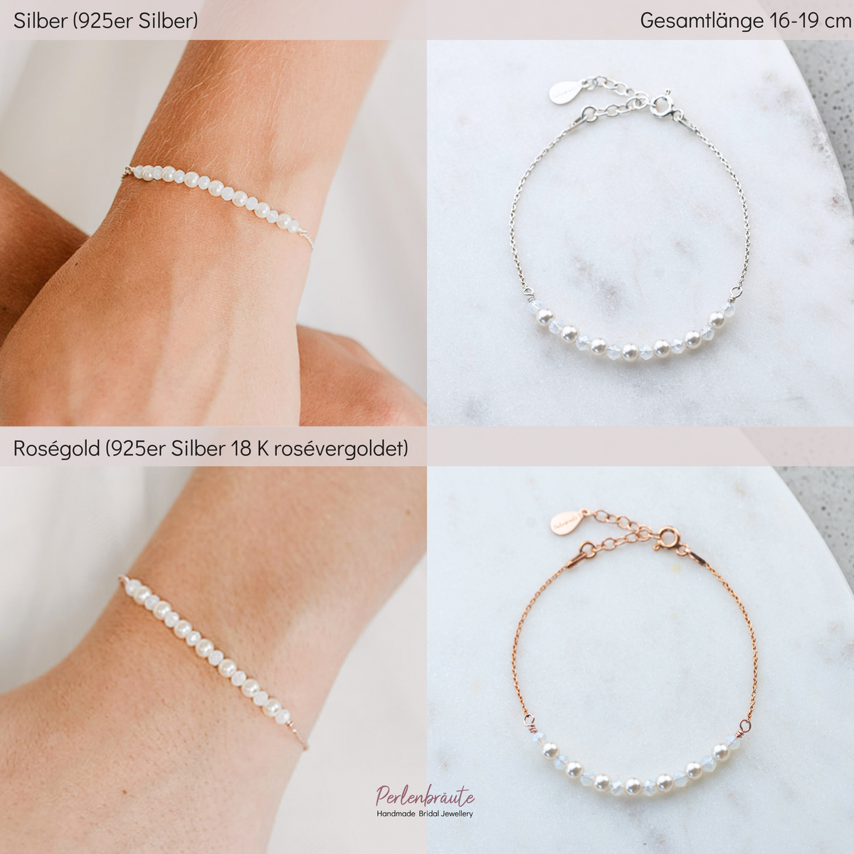 Im Vergleich - Brautarmband Mila in silber und rosévergoldet mit veganen Perlen und white opal Kristallperlen im Wechsel, handgefertigt