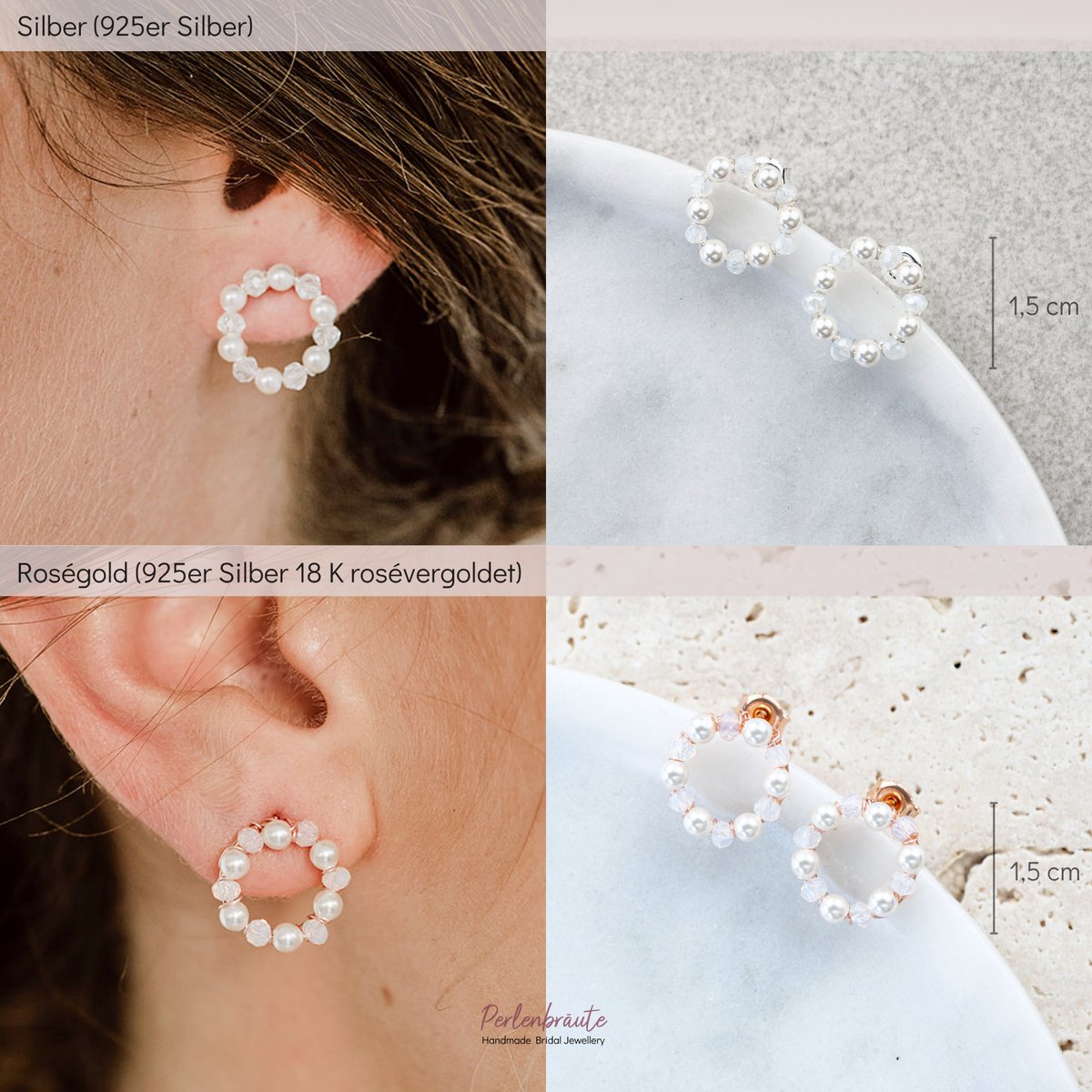 Runde Braut Ohrstecker Mila im Vergleich – 925 Sterlingsilber und 925 Sterlingsilber 18K rosévergoldet, mit veganen Perlen und white opal Kristallperlen