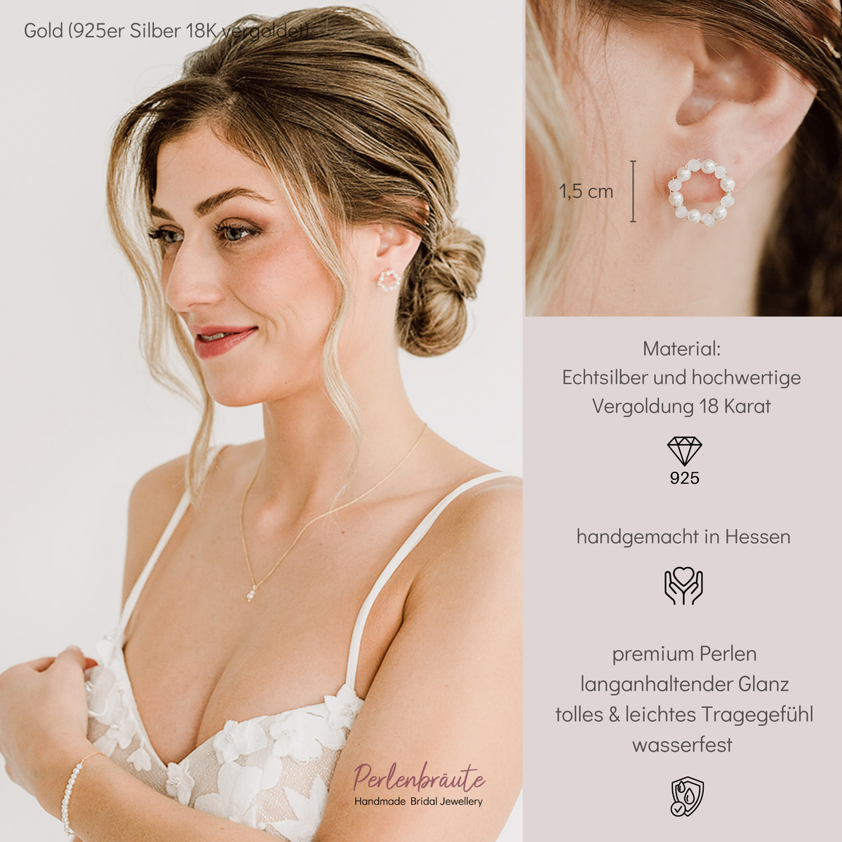Runde Braut Ohrstecker Mila aus 925 Sterlingsilber 18K vergoldet mit veganen Perlen und white opal Kristallperlen, am Model getragen