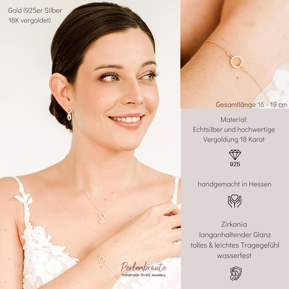 Brautarmband Mimi aus 925 Sterlingsilber 18K vergoldet mit rundem Element und Zirkonia Kristallen, am Model getragen