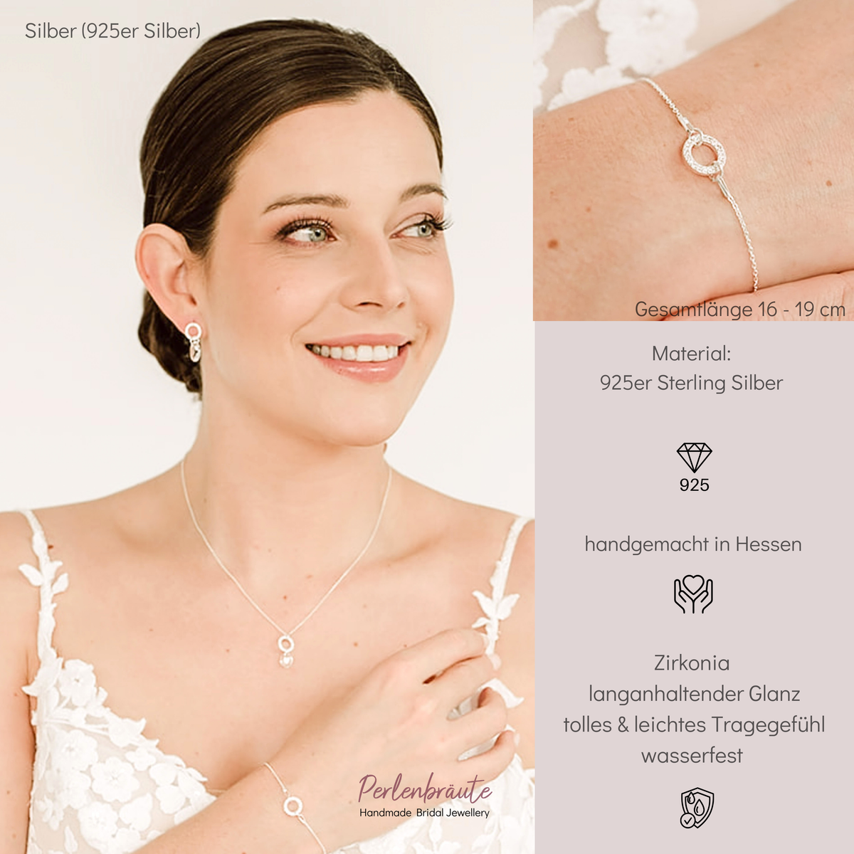 Brautarmband Mimi aus 925 Sterlingsilber mit rundem Element und Zirkonia Kristallen, am Model getragen