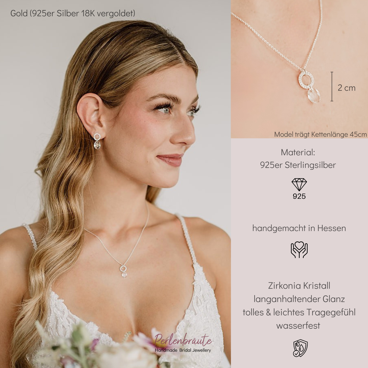 Brauthalskette Mimi aus 925 Sterlingsilber mit rundem Element und Zirkonia Kristallen besetzt, darunter hängend ein facettierter Kristall, liegend auf einer Marmorplatte