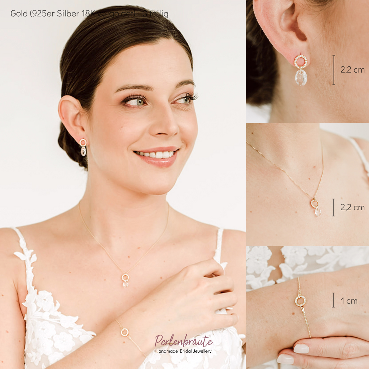 3-teiliges Brautschmuckset Mimi aus 925 Sterlingsilber 18K vergoldet – Ohrringe und Halskette mit rundem Element und Zirkonia Kristallen, darunter hängend ein facettierter Kristall, Armband mit rundem Element und Zirkonia Kristallen, getragen am Model