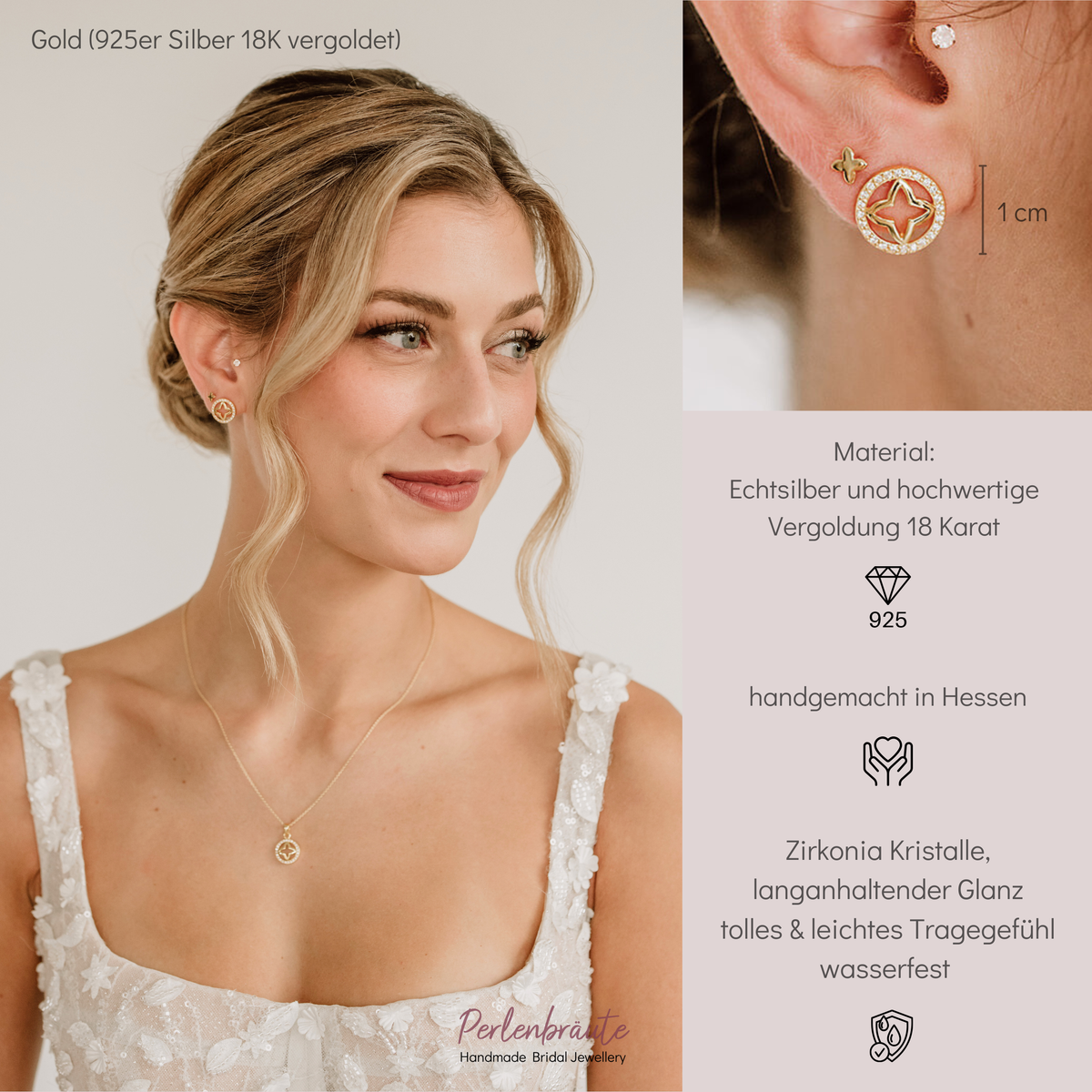 Runder Braut Ohrstecker Olivia aus 925 Sterlingsilber 18K vergoldet mit Zirkonia Kristallen und Stern in der Mitte, am Model getragen mit passender Halskette Olivia