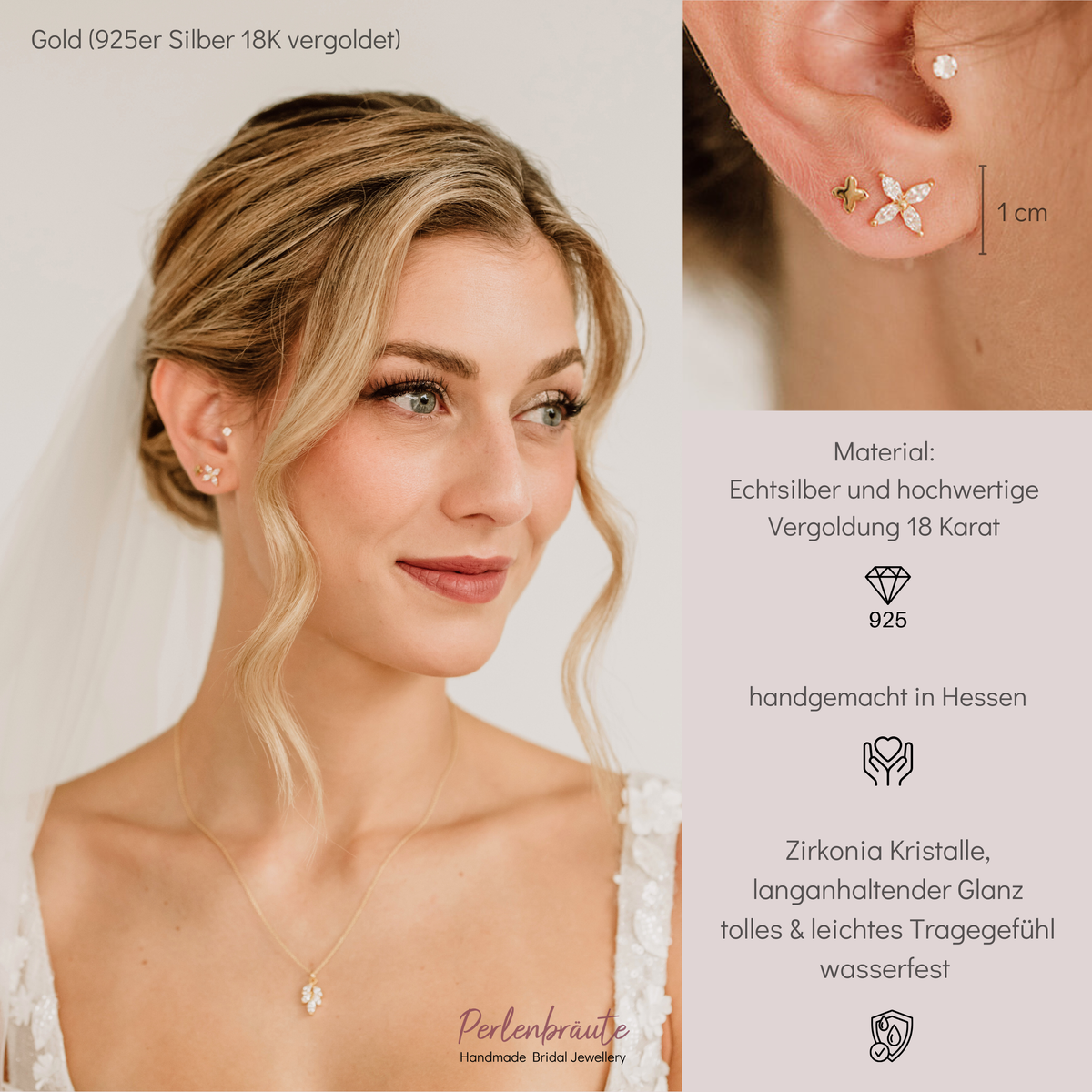 Sternförmige Braut Ohrstecker Paola mit Zirkonia aus 925 Sterlingsilber 18K vergoldet, am Model getragen