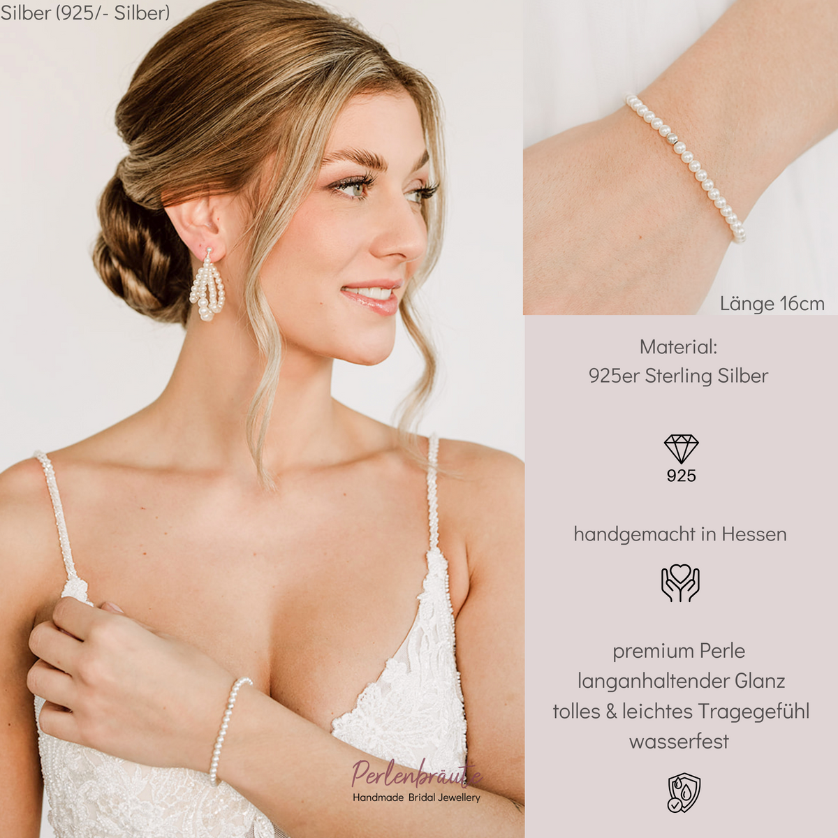 Braut Perlenarmband Perla mit veganen Perlen und Kaschierperle aus 925 Sterlingsilber 18K vergoldet, am Model getragen
