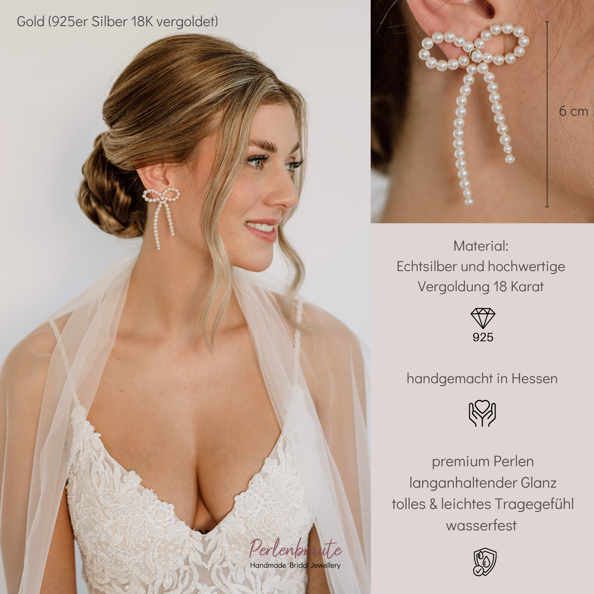 Statement Brautohrringe Pina in Schleifenform aus 925 Sterlingsilber 18K vergoldet mit veganen Perlen und abnehmbarem Perlenstecker, der einzeln getragen werden kann, zu sehen am Model
