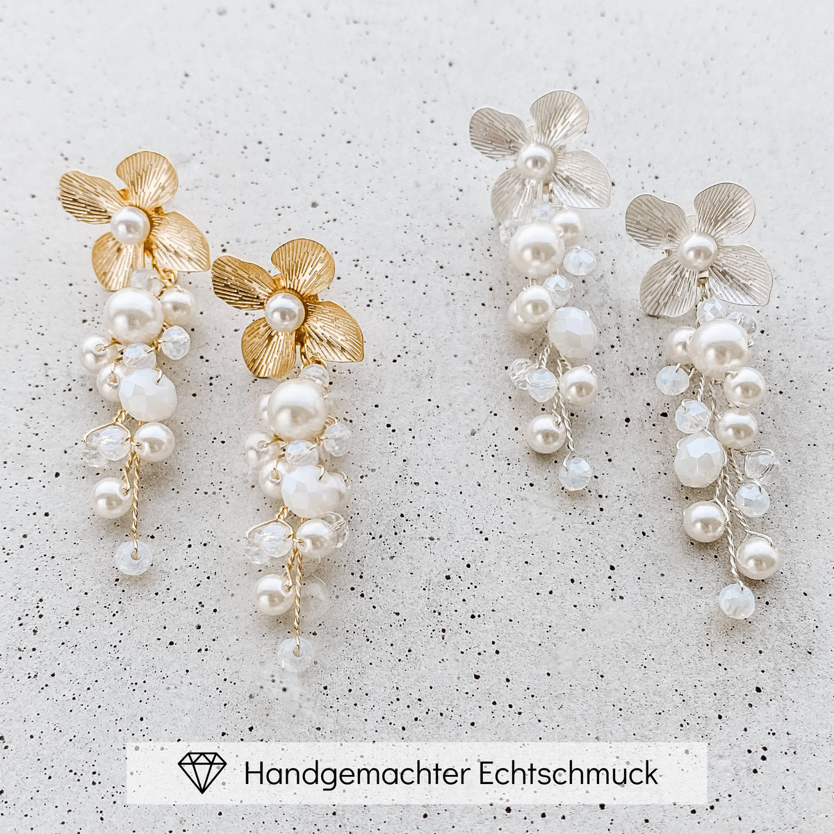 Dezente Brautohrringe Babsi im Vergleich aus 925 Sterlingsilber und 925 Sterlingsilber vergoldet mit floralen Blüten und veganen Perlen, zeitlos und handgefertigt