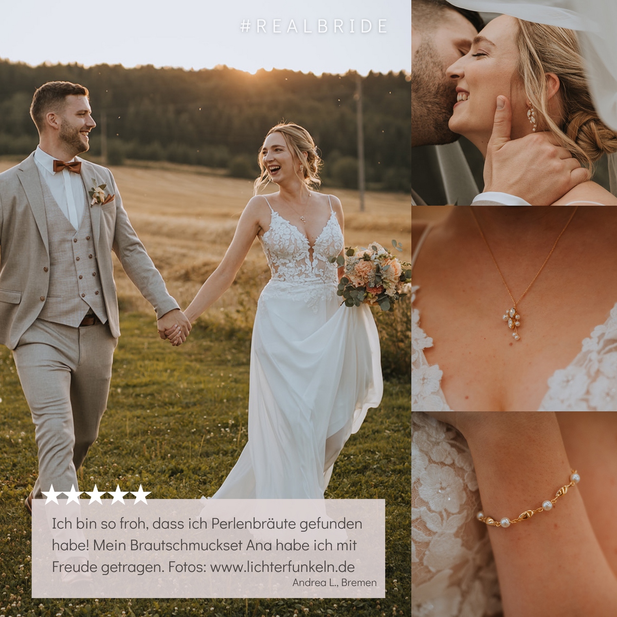 3-teiliges Brautschmuckset Ana aus 925 Sterlingsilber 18K vergoldet – hängende Ohrringe, Halskette und Armband mit veganen Perlen und white opal Kristallen in Blattform, getragen von Realbride Andrea