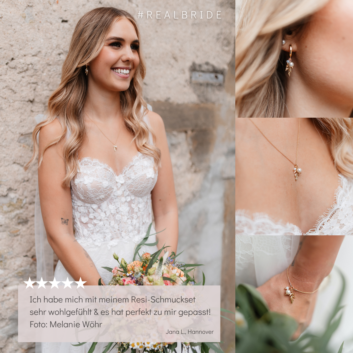 Real Bride trägt das Brautarmband Resi mit Blattanhänger und veganer Perle aus 925 Sterlingsilber 18K vergoldet an ihrem Hochzeitstag