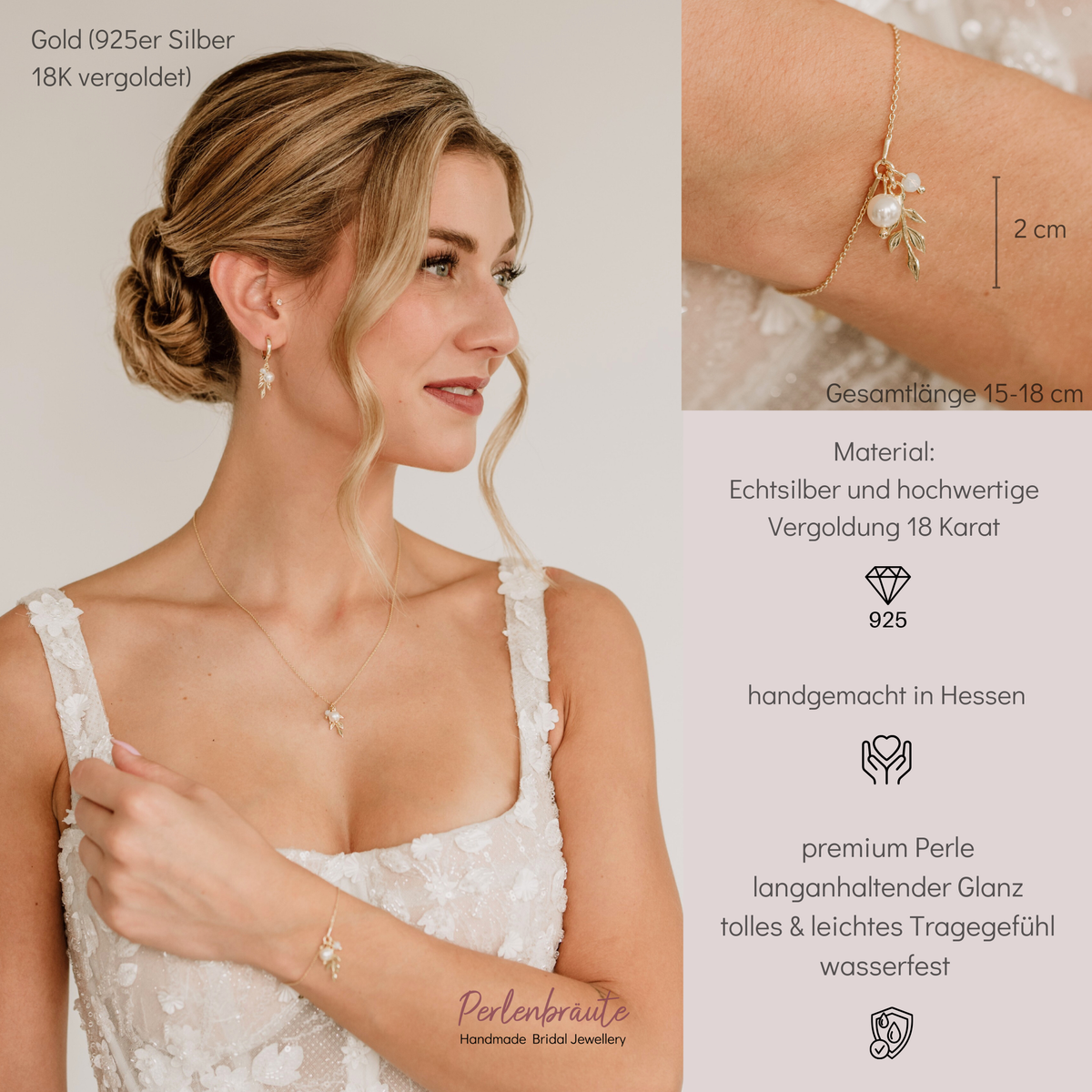 Brautarmband Resi aus 925 Sterlingsilber 18K vergoldet mit filigranen Blättern und veganer Perle, von einer Braut am Handgelenk getragen
