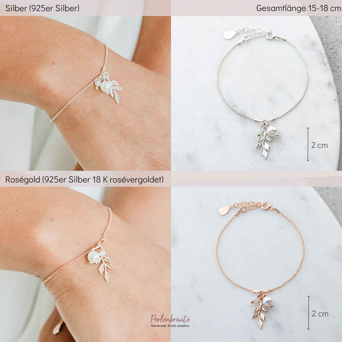 Brautarmband Resi im Vergleich – 925 Sterlingsilber 18K vergoldet und 925 Sterlingsilber 18K rosévergoldet, filigrane Blattanhänger mit veganer Perle und White Opal Kristall
