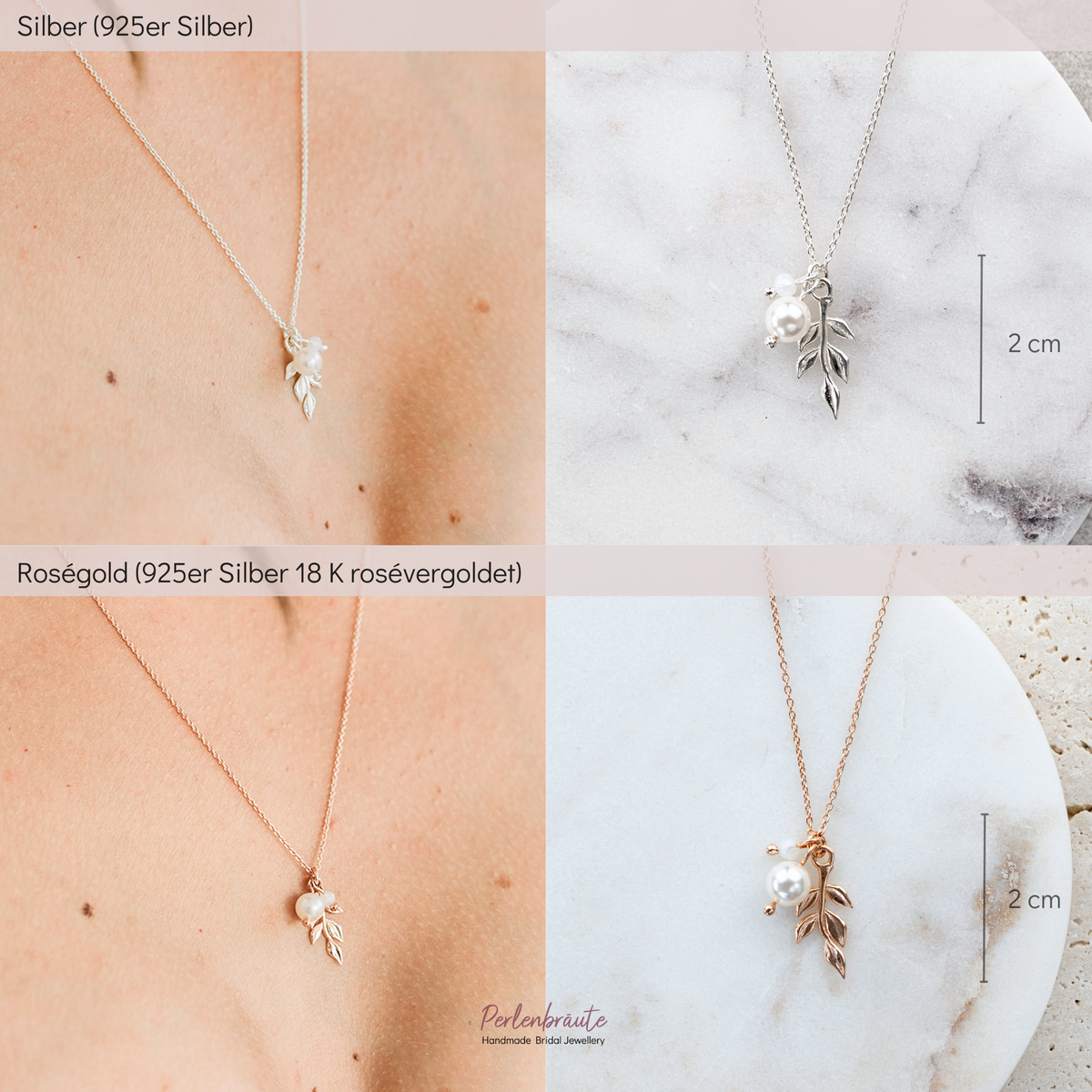 Brauthalskette Resi im Vergleich – 925 Sterlingsilber 18K vergoldet und 925 Sterlingsilber 18K rosévergoldet, Blattanhänger mit veganer Perle und Kristallperle