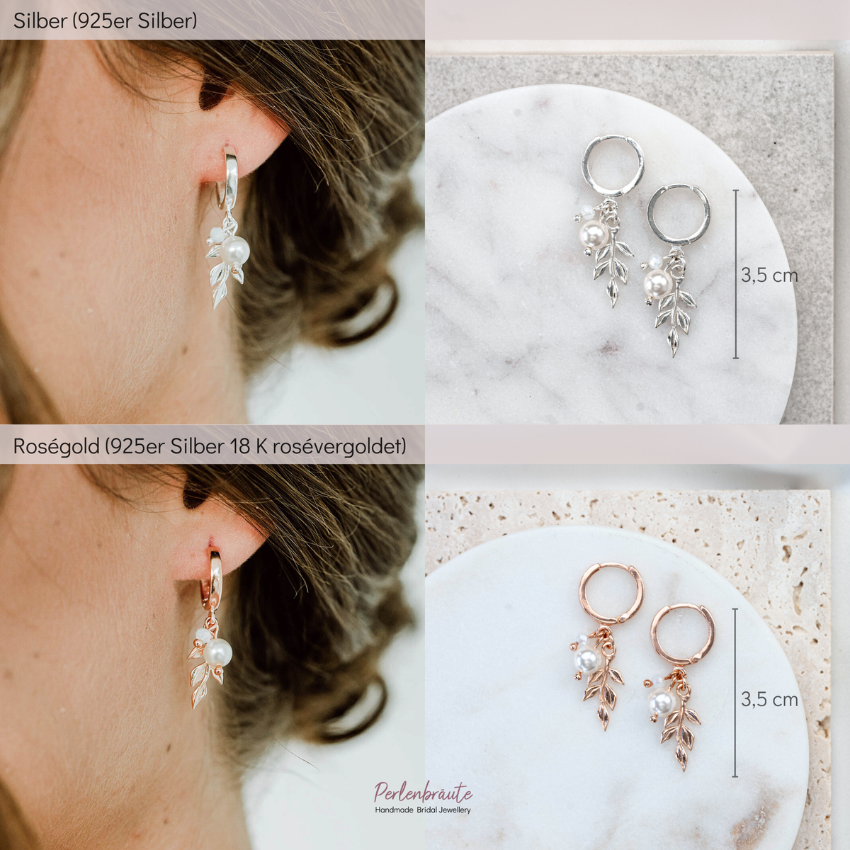 Produktvergleich Silber versus rosévergoldet: Braut Creole mit zartem Blattanhänger, weißer Perle und white opal Kristallperle, liegend auf Marmorplatte und getragen am Ohr vom Model