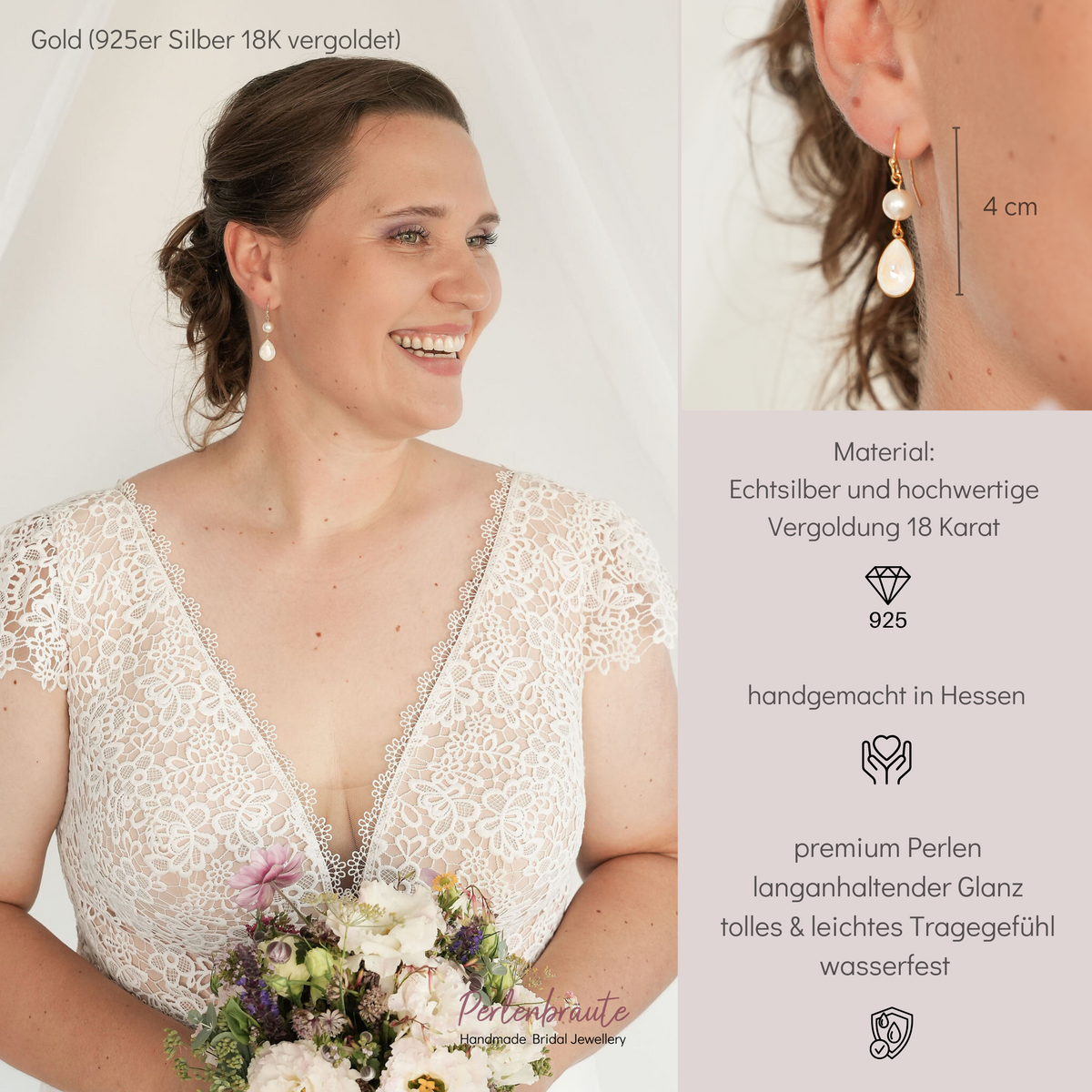 Hängende Brautohrringe Sally aus 925 Sterlingsilber 18K vergoldet mit veganer Perle und ivory Kristalltropfen, am Model getragen