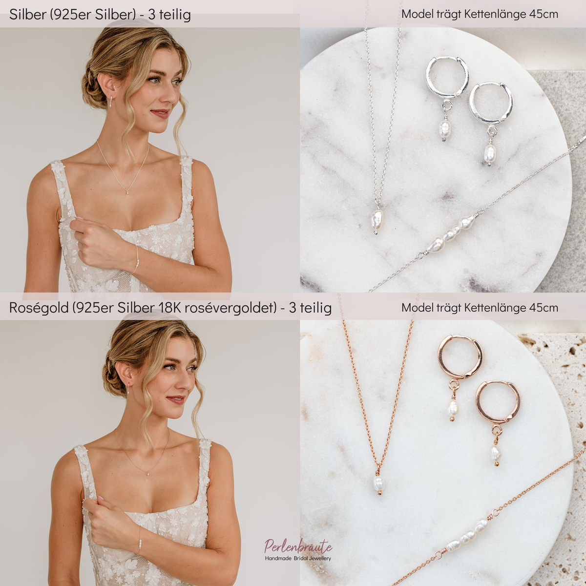 3-teiliges Brautschmuckset Amelie aus 925 Sterlingsilber in Gold und Silber im Vergleich – Creolen, Halskette und Armband mit echten Süßwasserperlen