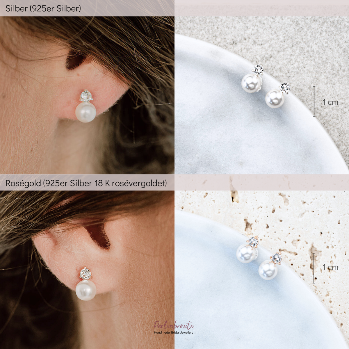 Vergleichsbild, feine Brautohrstecker aus 925er Sterlingsilber und 18K vergoldet mit funkelndem Zirkonia Kristall und darunter sitzender runder veganer Perle, stilvoll am Ohr eines Models getragen.