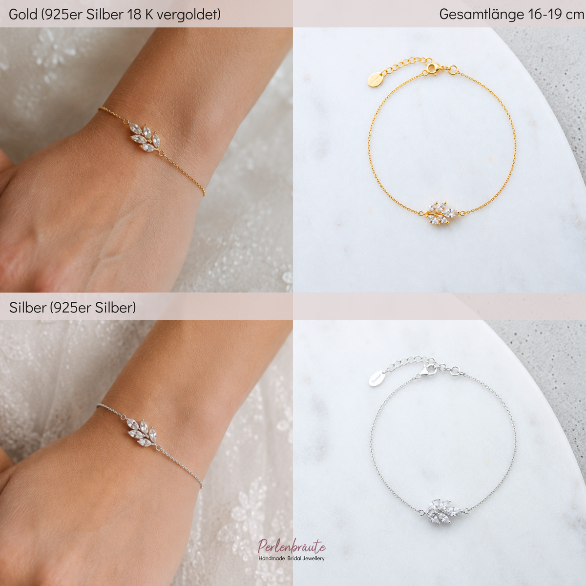 Vergleich des filigranen Tilla Brautarmbands in Gold und Silber mit Zirkonia Blatt, Gesamtlänge 16 bis 19 cm inkl. Verlängerungskettchen