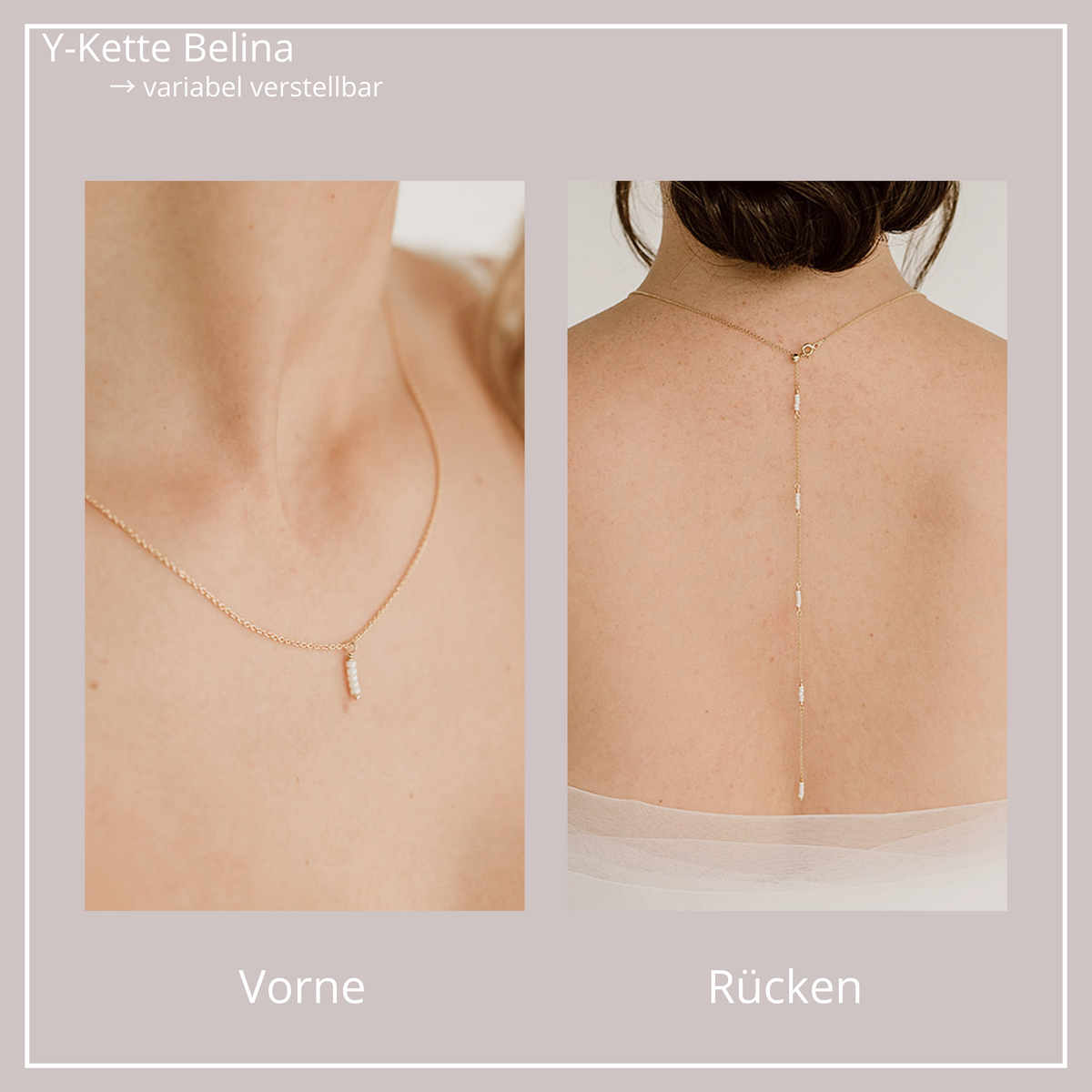 Braut Y-Kette Belina aus 925 Sterlingsilber 18K vergoldet – Rückenkette mit kleinen Perlen entlang der Kette und am Dekolleté ein kleiner Anhänger mit Perlen, getragen vom Model mit Vorder- und Rückansicht
