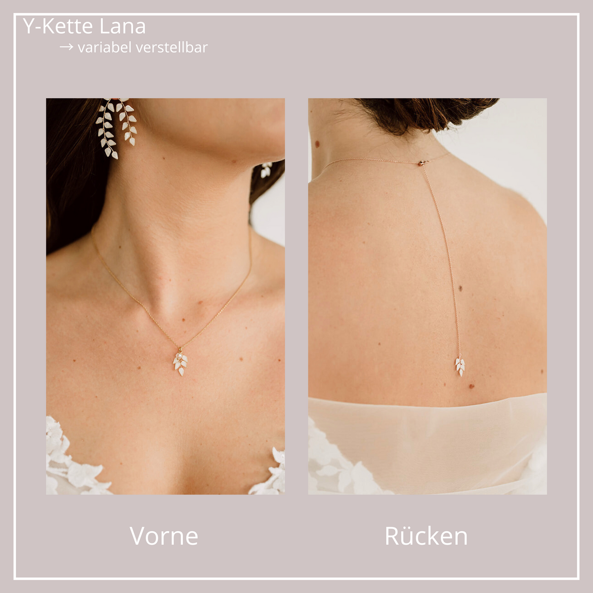Braut Y-Kette Lana ohne Perlen aus 925 Sterlingsilber 18K vergoldet – Rückenkette 64cm mit ivoryfarbenem Blattanhänger und Kristallperle am Dekolleté, Blattanhänger am Rücken