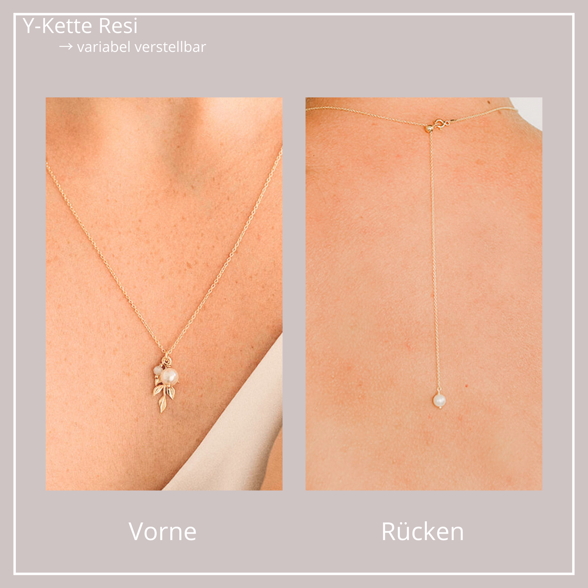 Braut Y-Kette Resi aus 925 Sterlingsilber 18K vergoldet mit Rückenkette 68cm – Blattanhänger mit veganer Perle und Kristall am Dekolleté, vegane Perle am Rücken
