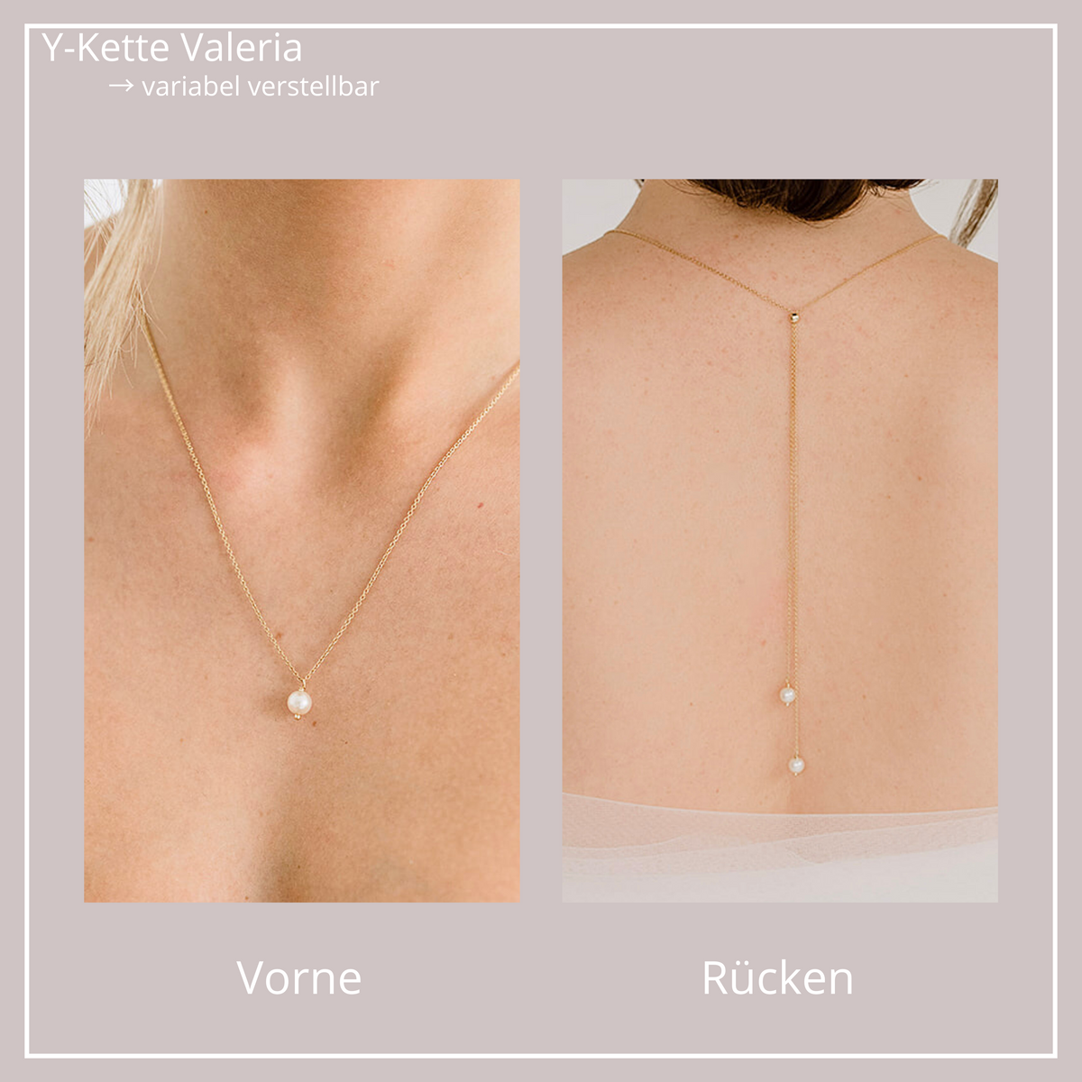 Braut Y-Halskette Valeria mit Rückenkette aus 925 Sterlingsilber 18K vergoldet mit veganen Perlen, eine Perle am Dekolleté und zwei Perlen mit zwei Kettchen am Rücken