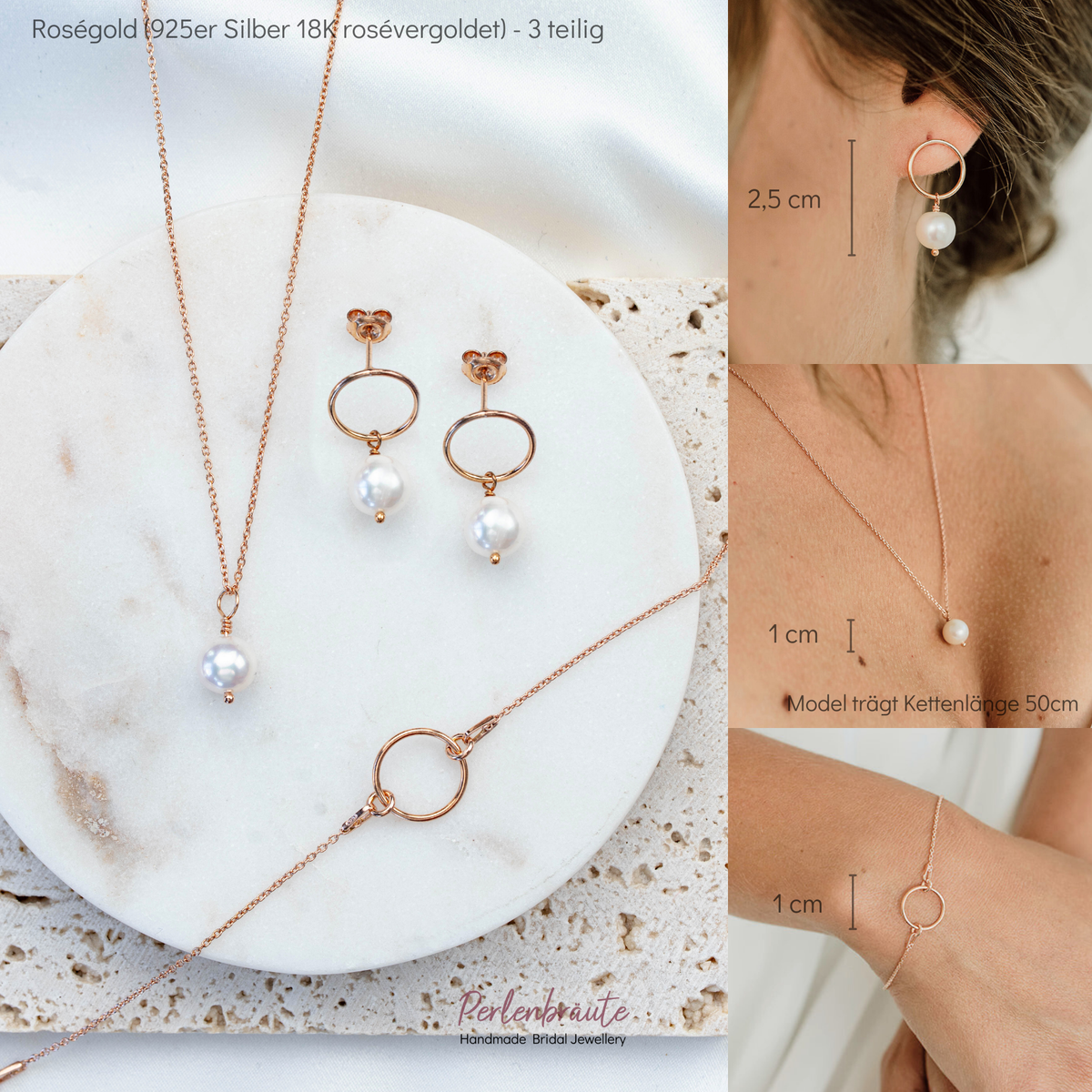 3-teiliges klassisches Brautschmuckset Toni aus 925 Sterlingsilber 18K rosévergoldet – Ohrringe und Halskette mit echten Süßwasserperlen, Armband mit rundem Element als Mittelteil ohne Perle