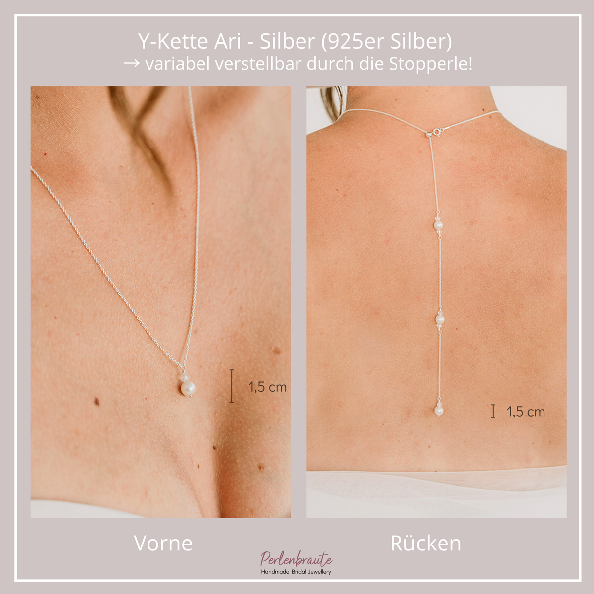 Braut Y-Halskette Ari mit Rückenkette aus 925 Sterlingsilber mit veganen Perlen und Kristallperlen, eine Perle mit Kristallperle am Dekolleté und mehrere Perlen mit Kristallperlen am Rücken