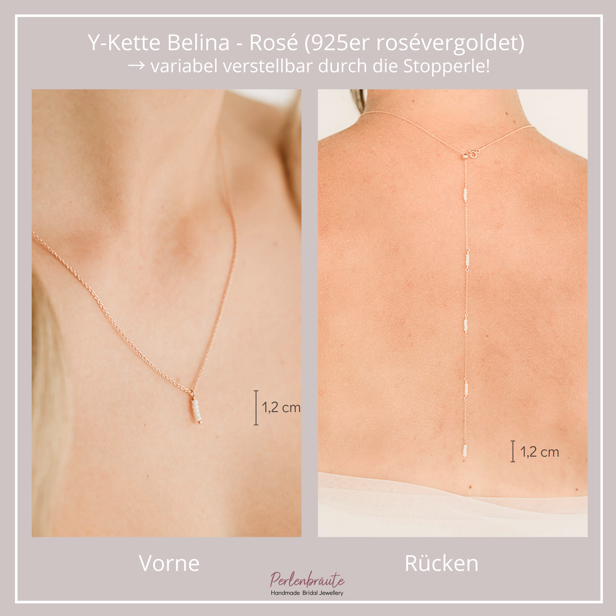 Braut Y-Kette Belina aus 925 Sterlingsilber 18K rosévergoldet – Rückenkette mit kleinen Perlen entlang der Kette und am Dekolleté ein kleiner Anhänger mit Perlen, getragen vom Model mit Vorder- und Rückansicht