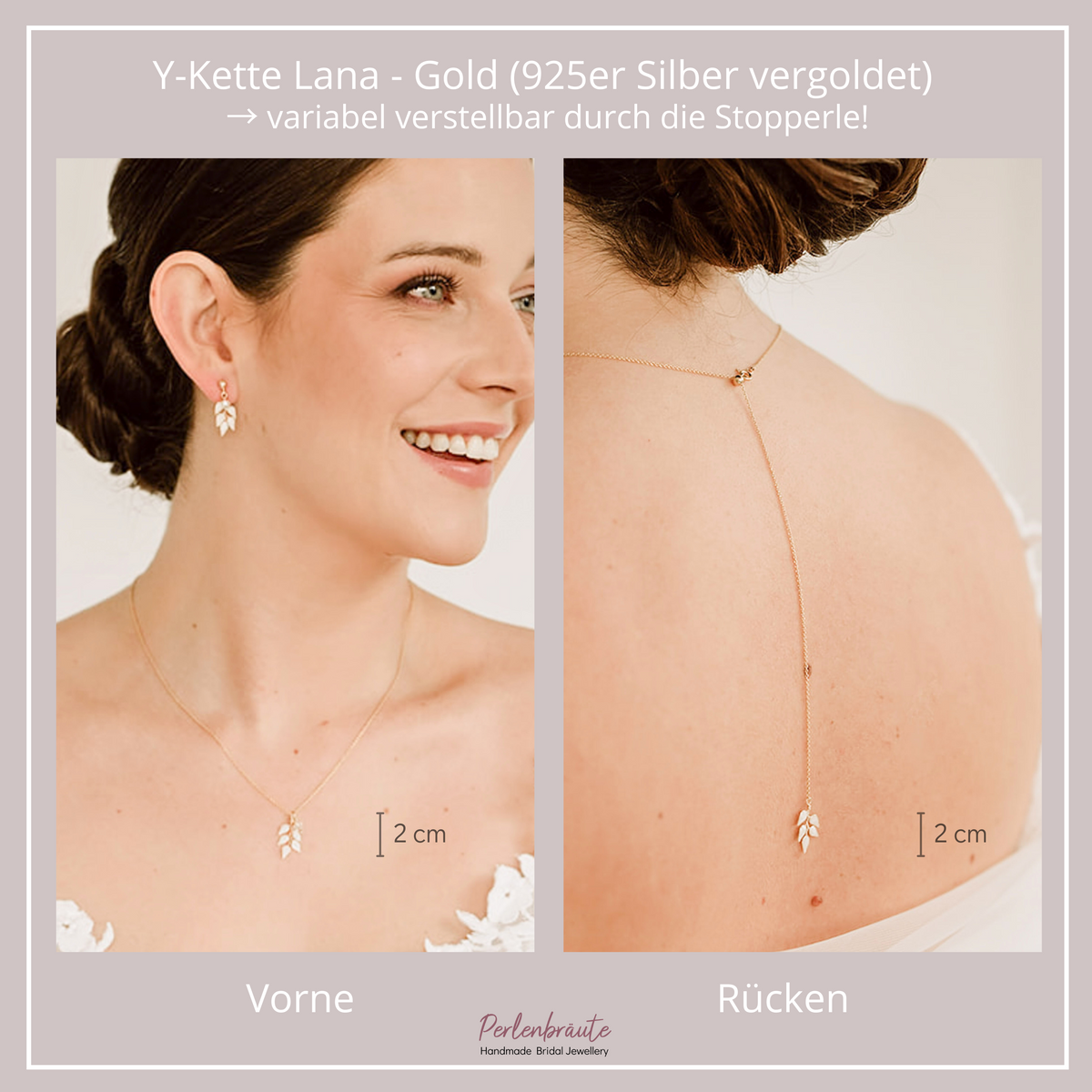Braut Y-Kette Lana in Gold aus 925 Sterlingsilber 18K vergoldet – ivoryfarbener Blattanhänger mit Kristallperle am Dekolleté, Blattanhänger am Rücken