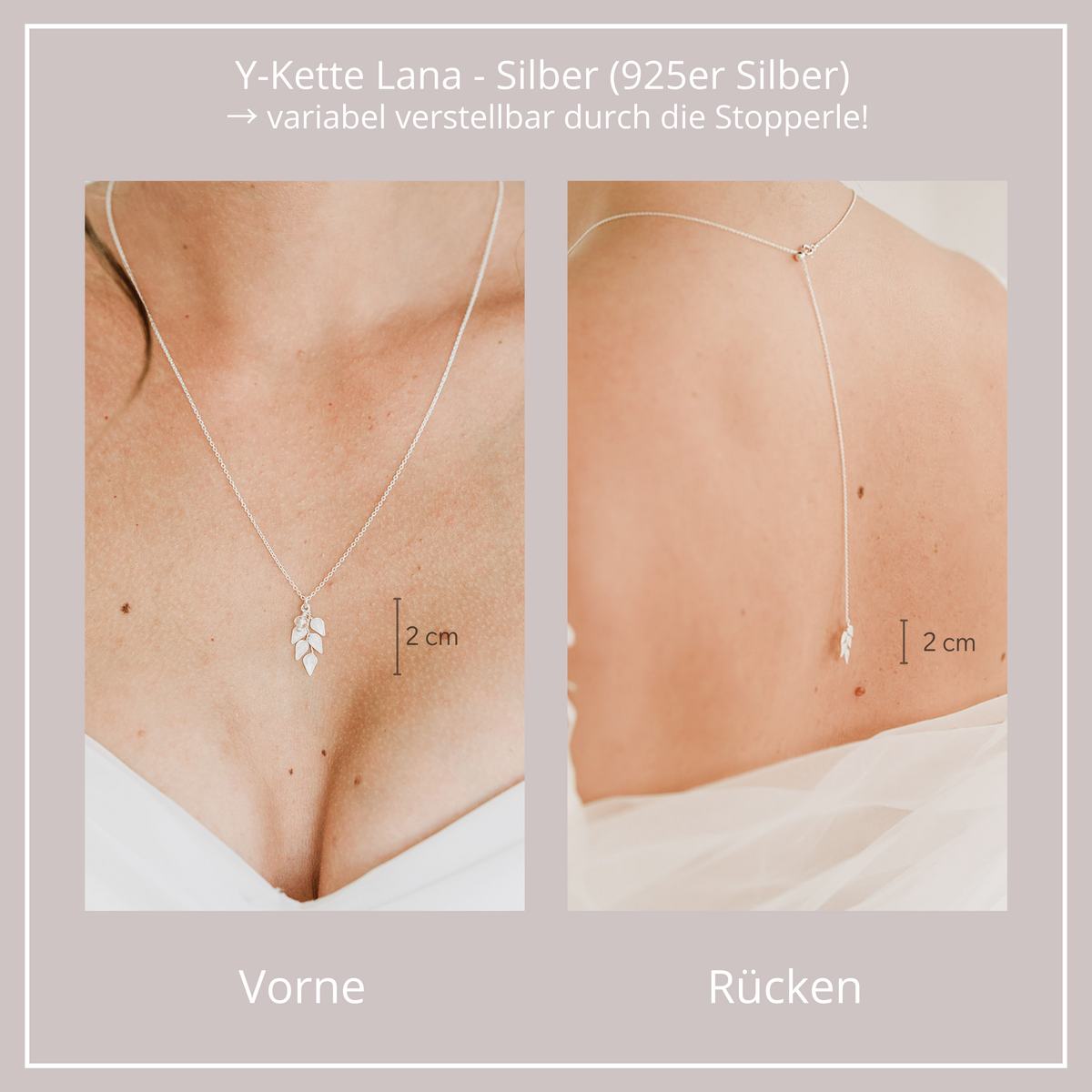 Dezente Braut Rückenkette Lana aus 925 Sterlingsilber – ivoryfarbener Blattanhänger mit Kristallperle am Dekolleté, Blattanhänger am Rücken, zeitlos und handgefertigt
