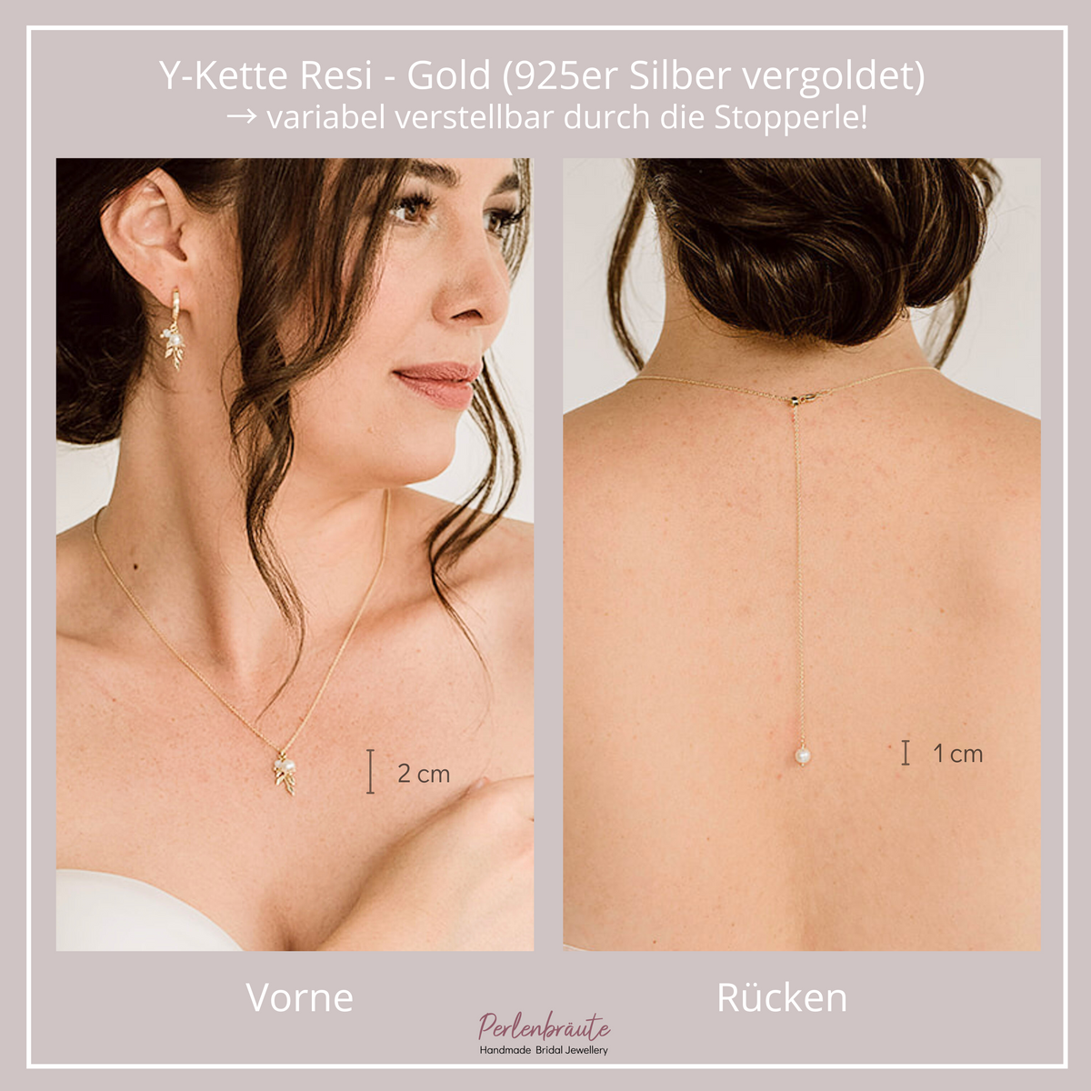 Braut Rückenkette Resi in Gold aus 925 Sterlingsilber 18K vergoldet – Blattanhänger mit veganer Perle und Kristall am Dekolleté, vegane Perle am Rücken, Freisteller