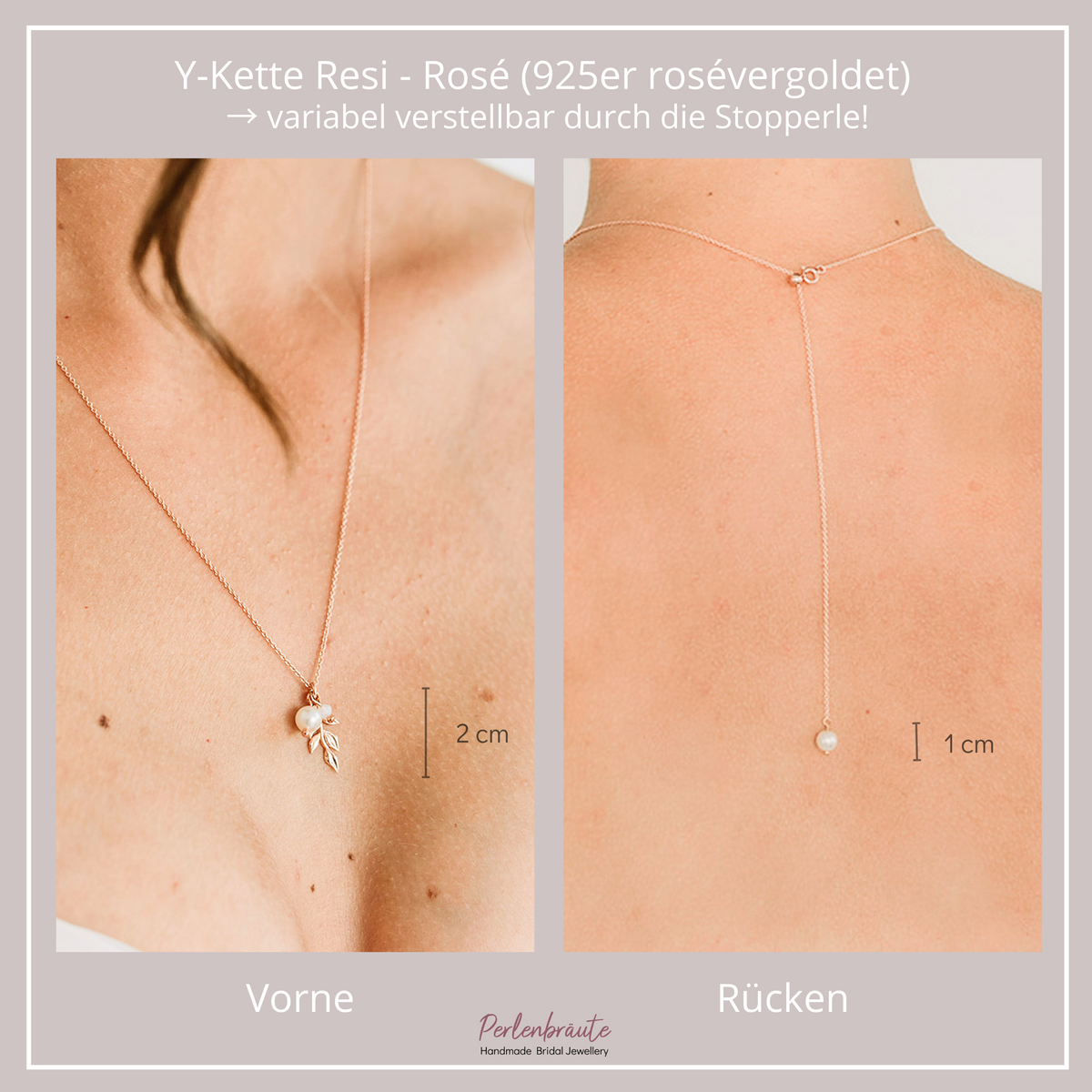 Romantische Braut Perlenkette Resi aus 925 Sterlingsilber 18K rosévergoldet – Blattanhänger mit veganer Perle und Kristall am Dekolleté, vegane Perle am Rücken