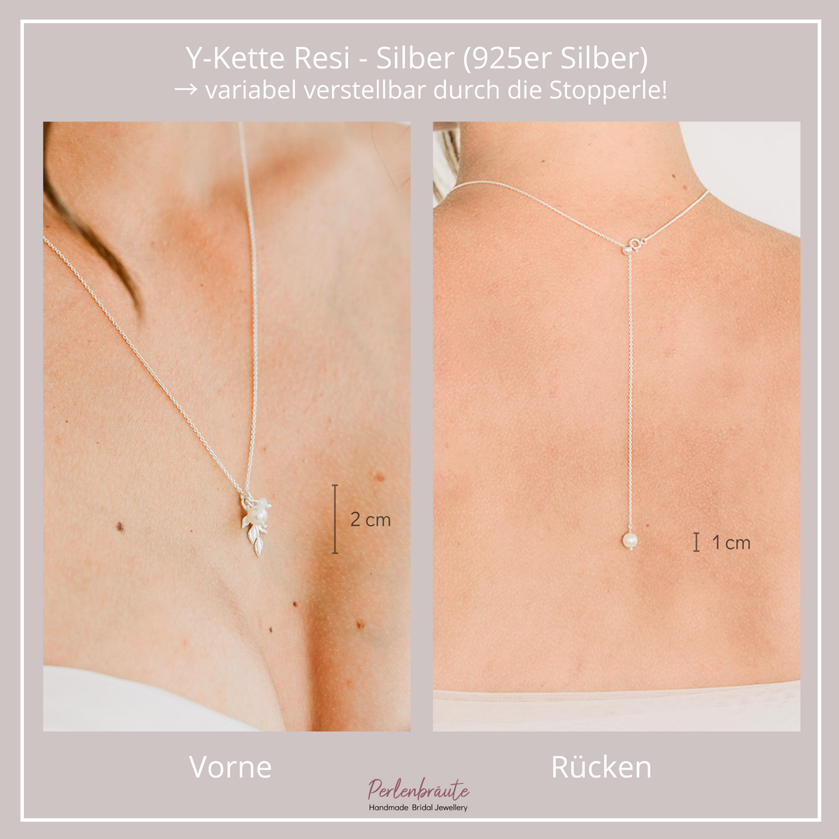 Dezente Braut Y-Kette Resi aus 925 Sterlingsilber – Blattanhänger mit veganer Perle und Kristall am Dekolleté, vegane Perle am Rücken, zeitlos und handgefertigt