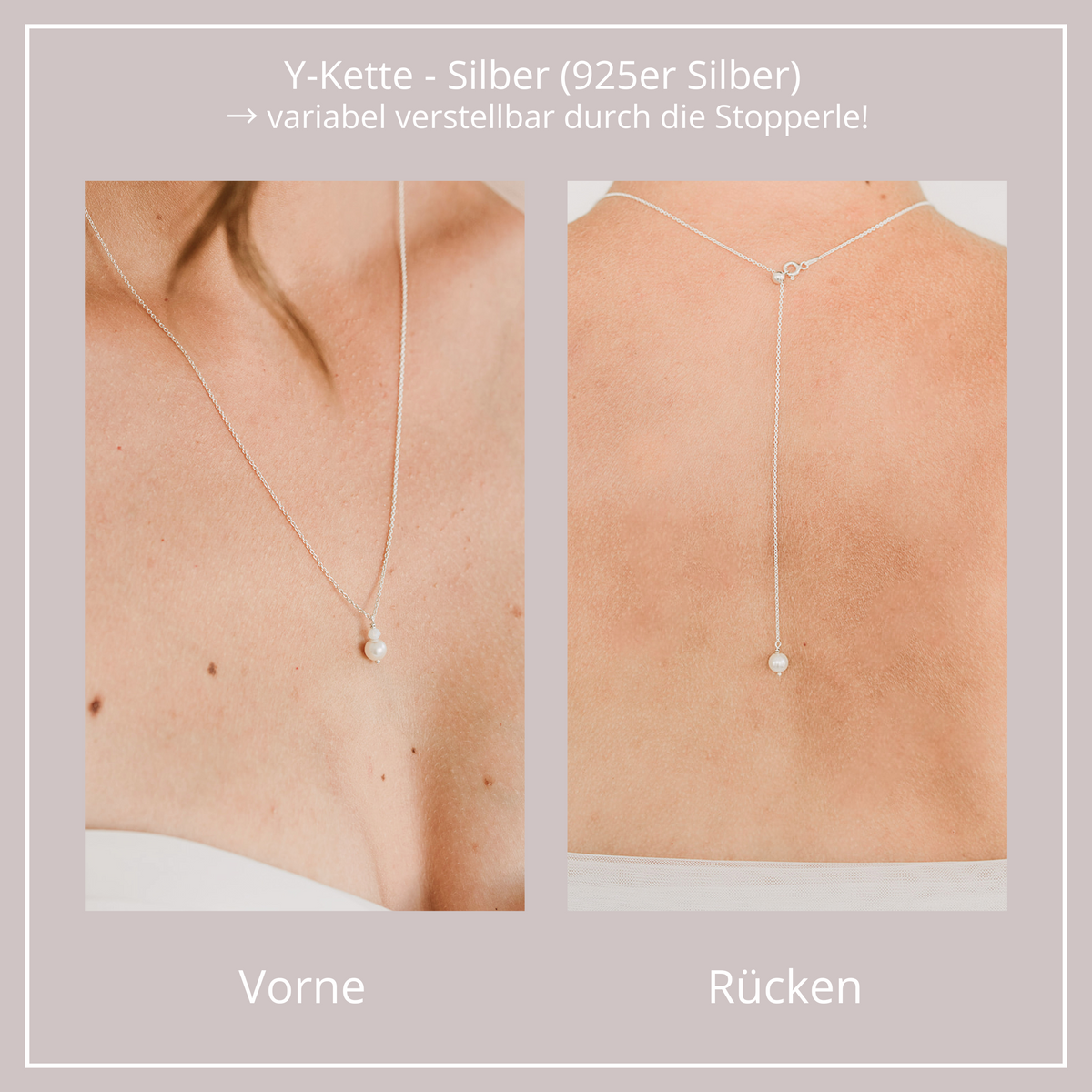 Braut Y-Halskette mit Rückenkette aus 925 Sterlingsilber mit veganen Perlen und Kristallperle, eine Perle mit Kristallperle am Dekolleté und eine Perle am Rücken