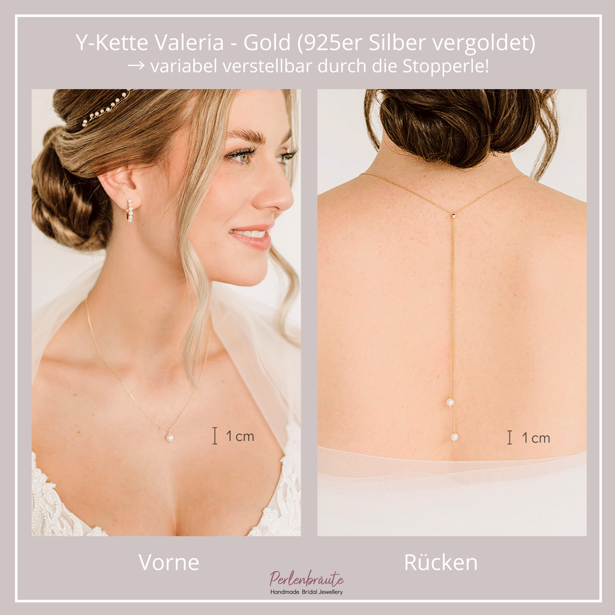Hochzeitshalskette Valeria in Gold – Y-Kette mit Rückenkette aus 925 Sterlingsilber 18K vergoldet, Produktfreisteller